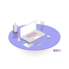 Vector isometric workplace with computer. Work at home at the computer.