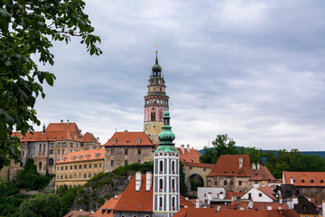 View to Cesky Krumlov Old Town and Castle Tower, Czech Republic