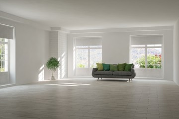 White living room with sofa. Scandinavian interior design. 3D illustration