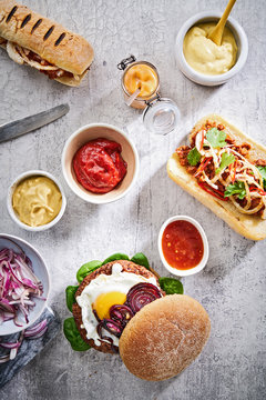 Overhead view of a variety of sandwiches