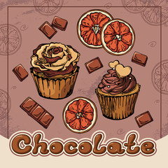 Chocolate vector Illustration with isolated cupcakes, chocolate bars and oranges for your design.