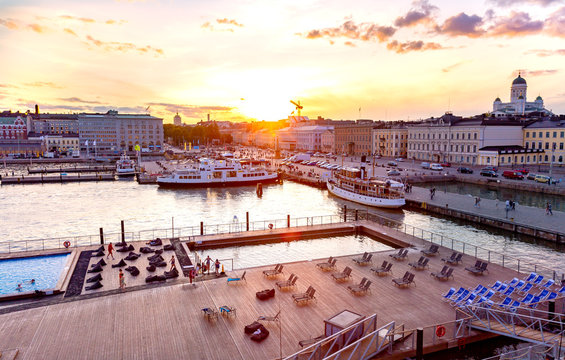 Allas Sea Pool in Helsinki at sunset, Finland.