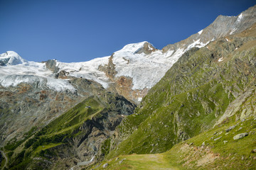 Fototapeta na wymiar Melting Fee Glacier above the Saas-Fee village deep in Swiss Alps