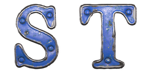 Set of uppercase letters S, T made of painted metal with blue rivets on white background. 3d