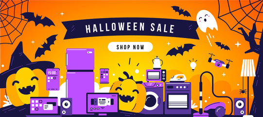 Vector holiday set of household appliances on orange background with bat and web. Halloween sale of home domestic electronic appliances with pumpkin.