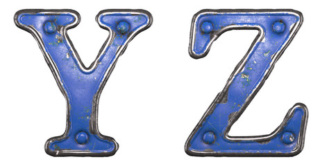 Set of uppercase letters Y, Z made of painted metal with blue rivets on white background. 3d