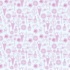 Seamless pattern with doodling in notebook with cross-section paper. Vector illustration for your design. 