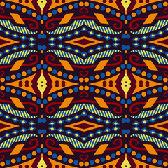 Heldere etnische naadloze patroon met geometrische sieraad. Abstracte geometrische kunstdruk. etnische hipster achtergrond. Vector folk tribal kleurrijke patroon.