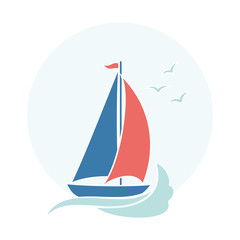 card with cute sailboat, waves and gulls