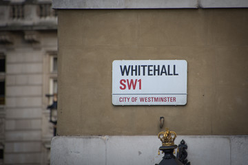 LONDON- Whitehall street sign in SW1 City of Westminster, location of many British government buildings