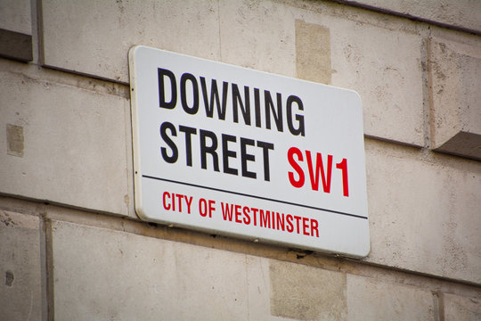 London- Downing Street street sign - location of 10 Downing Street, the headquarters of the British Government