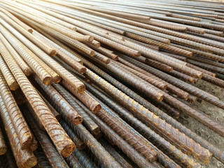 Steel rods or bars used to reinforce concrete. Deformed steel. Construction rebar steel work reinforcement in conncrete structure of building. 