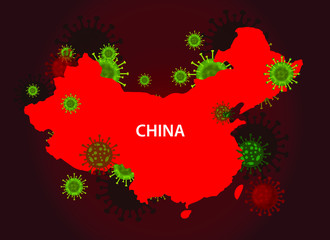 China map with covid-19 virus concept. Coronavirus is spread to all over the world and infected to all countries. Vector illustration of red map design with Influenza virus. Covid 19 china map.