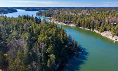 Aerial view of Barosund coast and strait, Finland