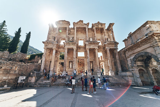 The ruins of Celsus Library in Ephesus at sunny evening sun. Beautiful light of the old ancient rocks and stones, turkey