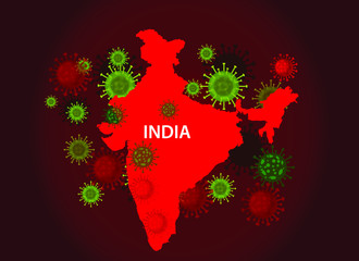India map with covid-19 virus concept. Coronavirus is spread to all over the world and infected to all countries. Vector illustration of red map design with influenza virus. Covid 19 India map.