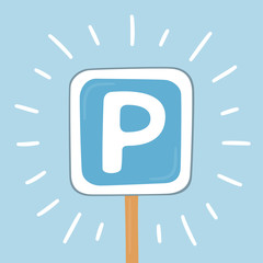 Blue parking road sign. Parking place for car. Isolated vector illustration in flat and cartoon style - obrazy, fototapety, plakaty