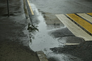 puddle in the rain on an empty city street