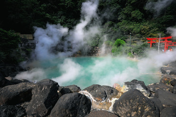 Green hot water pool or  Umi jigoku in Japan