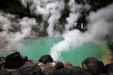 Green hot water pool or  Umi jigoku in Japan