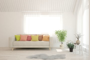 White living room with sofa. Scandinavian interior design. 3D illustration