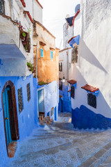 Street scene with stairway in Chefchaouen, Morocco