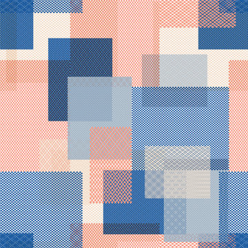 Layered mesh grid textures in tonal peach and blues. Pattern for fabric, backgrounds, wrapping, textile, wallpaper, apparel. Vector illustration