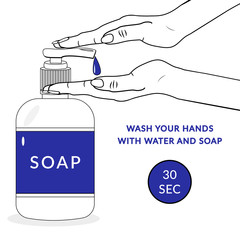Wash your hand with water and soap icon. Wash Your Hands 30 seconds. Vector illustration isolated on white background