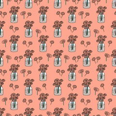 Seamless pattern with cute ranunculus in jars Vector illustration for wedding design, textile design, wallpaper design, 