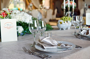 Elegant table setting at a luxury restaurant.