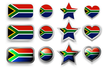 Set of vector labels of South Africa flag button, round button, star and heart sign of love in flag colors blue, red, green, gold for poster or flyer