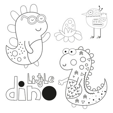 Coloring page for kids. Little dino - cute dinosaurs, egg, bird. Vector illustration. Funny coloring book for kids.