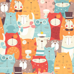 Funny Cats seamless pattern with different cute kittens. Feline background. Vector Illustration. The print is perfect for wallpaper, baby clothes, greeting card, wrapping paper.