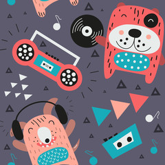 Seamless pattern with cool dogs and disco theme. Vector Illustration. Kids illustration for nursery art. The print is perfect for baby clothes, greeting card, wrapping paper. Blue background.