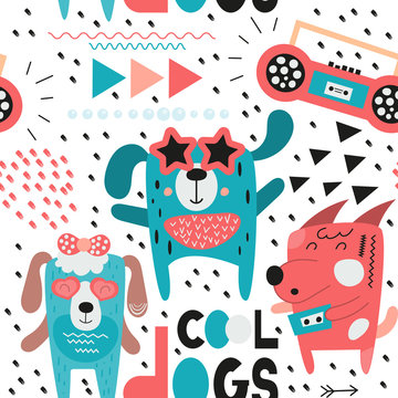 Seamless pattern with cool dogs and disco theme. Vector Illustration. Kids illustration for nursery art. The print is perfect for baby clothes, greeting card, wrapping paper. Retro style.