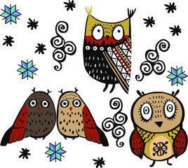 Cute cartoon owls on a white background, set