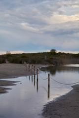 Sandy path around the lake on stormy day,