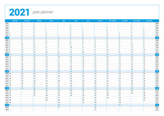 Calendar yearly planner template for 2021. Printable template. Week starts on Monday