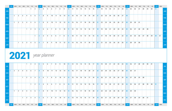 Calendar Yearly Planner Template For 2021. Printable Template. Week Starts On Sunday