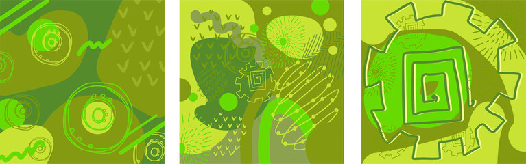 Set of three abstract compositions using green shades and khaki
stylish. Design trends for printing flyers, banners, backgrounds, etc.