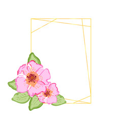 Decorated rectangular greeting card template with floral motif, dog rose flowers decoration. Isolated on white background. Vector illustration