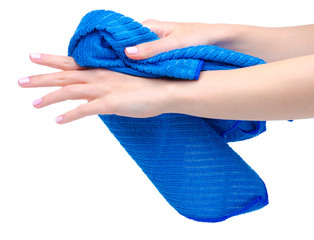 Blue kitchen towel in hand on white background isolation