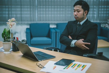 Asian businessman stressed from work,Furious from hard work,Boss complain about project,Thailand people,Young man stressful,Clerk fail from job