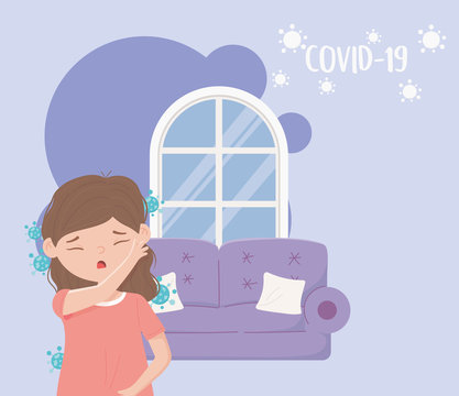 Covid 19 Quarantine, Coughing Woman Patient In Living Room