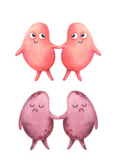 The kidneys. Healthy and diseased organs.. Watercolor illustration in children's style. Characters isolated on a white background. Pink. Cartoon anatomy.