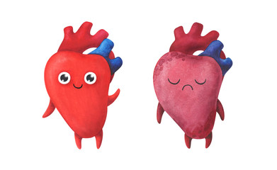 Heart. Healthy and diseased organ. Watercolor children's illustration. Characters isolated on a white background. Brown. Cartoon anatomy.