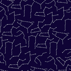 Seamless pattern with zodiac constellations on dark blue background. Vector illustration for web design, textile and fabric, wallpaper and wrapping paper