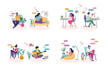 Fototapeta premium Couples with smartphones, tablets and laptops chatting online, during coronavirus self isolation, quarantine. Virtual dating concept. Vector illustration