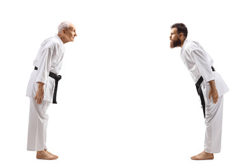 Karate masters with black belts bowing
