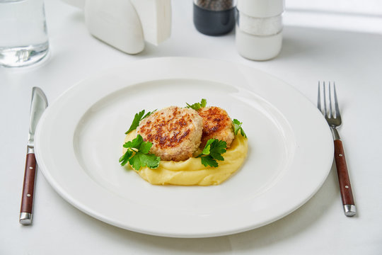 Homemade Meatballs With Mashed Potato On White Background